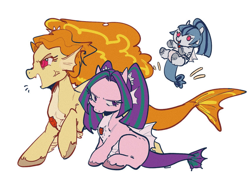 :d, adagio_dazzle, adagio_dazzle_(siren), anger_vein, animal, animal_focus, aria_blaze, aria_blaze_(siren), black_hairband, blonde_streaks, blue_hair, blue_skin, blue_tail, chinese_commentary, colored_skin, commentary_request, curtained_hair, diaper, equestria_girls:_rainbow_rocks, film_grain, fins, forehead, full_body, gan04, gem, green_streaks, hair_ornament, hairband, head_fins, high_ponytail, long_hair, looking_ahead, looking_at_viewer, looking_to_the_side, multicolored_hair, my_little_pony, my_little_pony:_equestria_girls, my_little_pony:_friendship_is_magic, no_eyebrows, no_humans, notice_lines, open_mouth, orange_hair, orange_tail, partial_commentary, pink_eyes, pink_skin, pony_(animal), ponytail, purple_hair, purple_tail, red_gem, sideways_glance, simple_background, smile, solid_circle_eyes, sonata_dusk, sonata_dusk_(siren), spiked_hairband, spikes, star_(symbol), star_hair_ornament, streaked_hair, twintails, two-tone_hair, v-bangs, v-shaped_eyebrows, violet_eyes, white_background, wind, yellow_skin