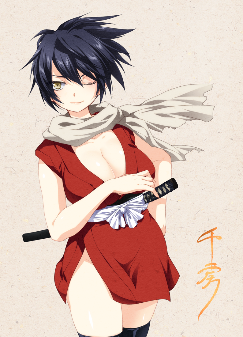 black_hair, black_legwear, breasts, brown_eyes, cleavage, jyuru, katana, large_breasts