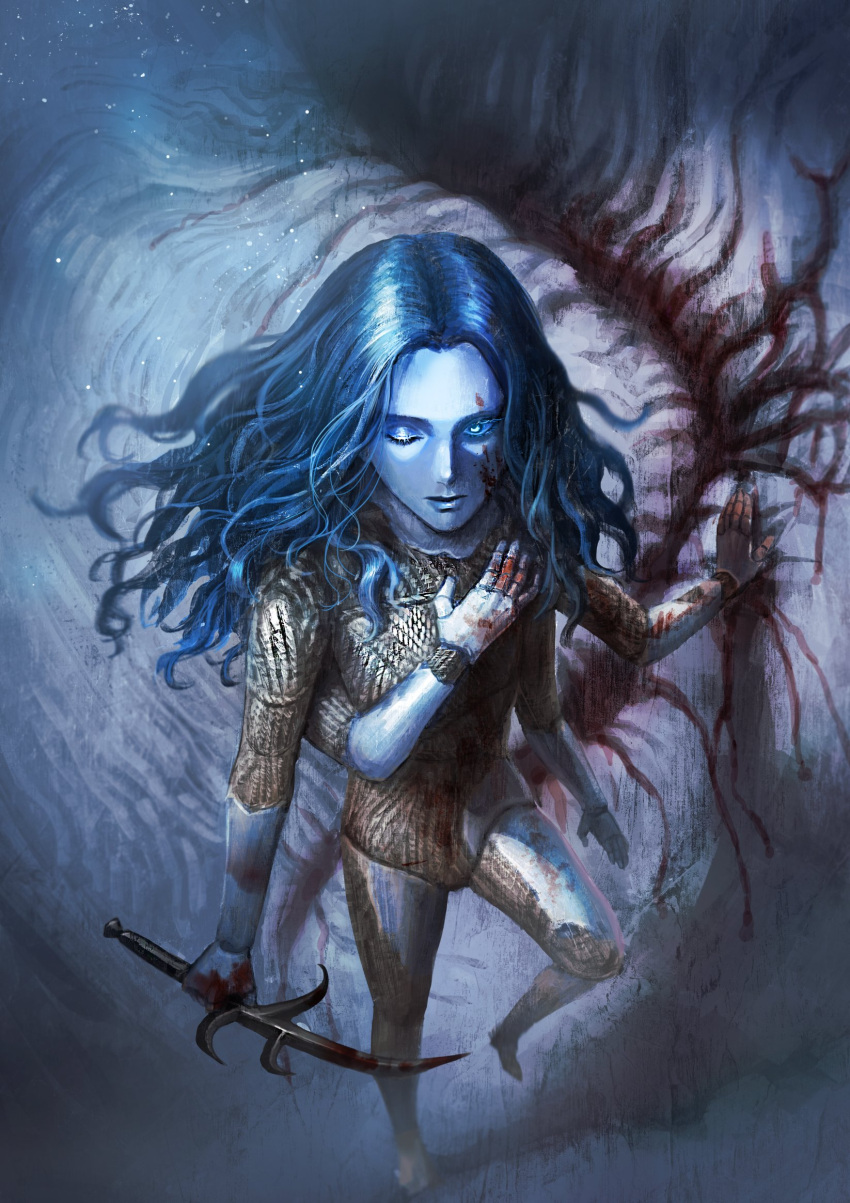 1girl, black_knife_(elden_ring), blood, blood_on_knife, blue_hair, blue_lips, blue_skin, closed_mouth