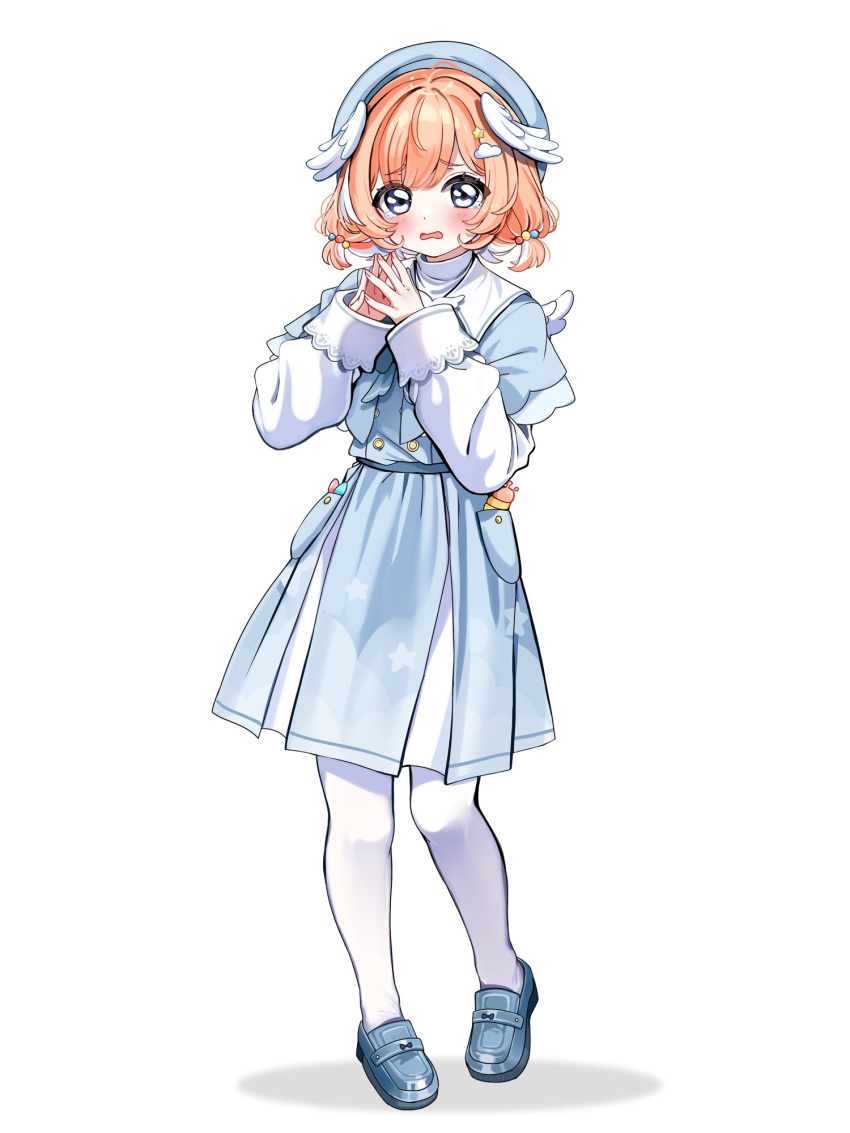 1girl, beret, blue_bow, blue_bowtie, blue_dress, blue_hat, blue_shoes, blush, bow, bowtie, capelet, chocola_vt, cloud_hair_ornament, commentary, crayon, dress, feathered_wings, fidget_slug, frilled_cuffs, hair_ornament, hat, head_wings, highres, indie_virtual_youtuber, layered_sleeves, long_sleeves, looking_at_viewer, mary_janes, medium_hair, mini_wings, official_alternate_costume, official_alternate_hairstyle, open_mouth, orange_hair, own_hands_together, pantyhose, pillowdear, pillowdear_(school_uniform), pleated_dress, second-party_source, shiny_eyes, shoes, short_twintails, simple_background, sobbing, solo, star_(symbol), star_hair_ornament, swept_bangs, twintails, untranslatable_commentary, virtual_youtuber, white_background, white_pantyhose, white_wings, wings