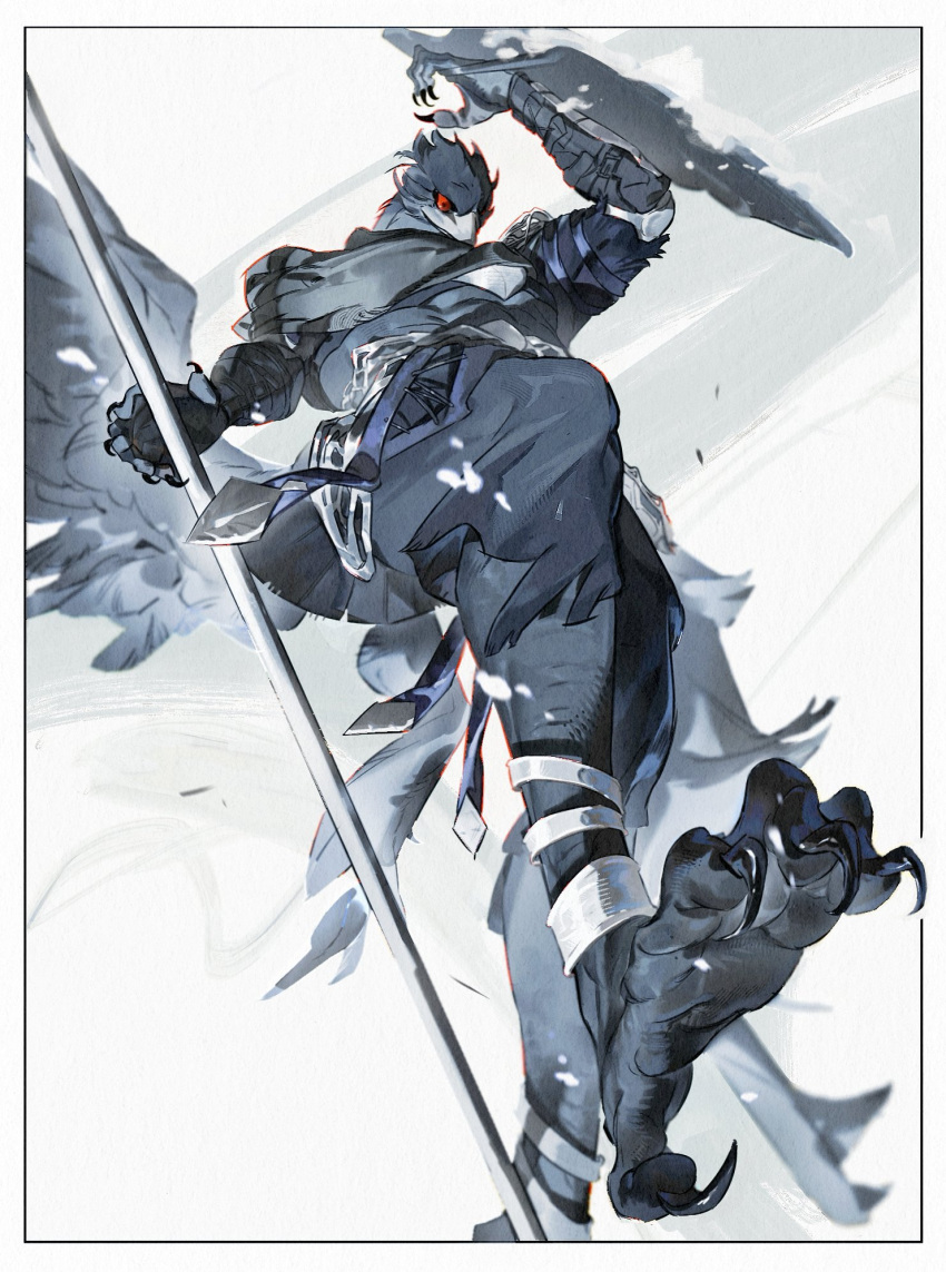 1boy, armor, beak, bird_boy, border, dynamic_pose, elden_ring, elden_ring_nightreign, feathered_wings, feathers, guardian_(elden_ring), hanninily, highres, holding, holding_polearm, holding_shield, holding_weapon, incoming_attack, jumping, leg_wrap, official_alternate_costume, outside_border, pauldrons, polearm, red_eyes, shield, shoulder_armor, talons, weapon, white_border, wings