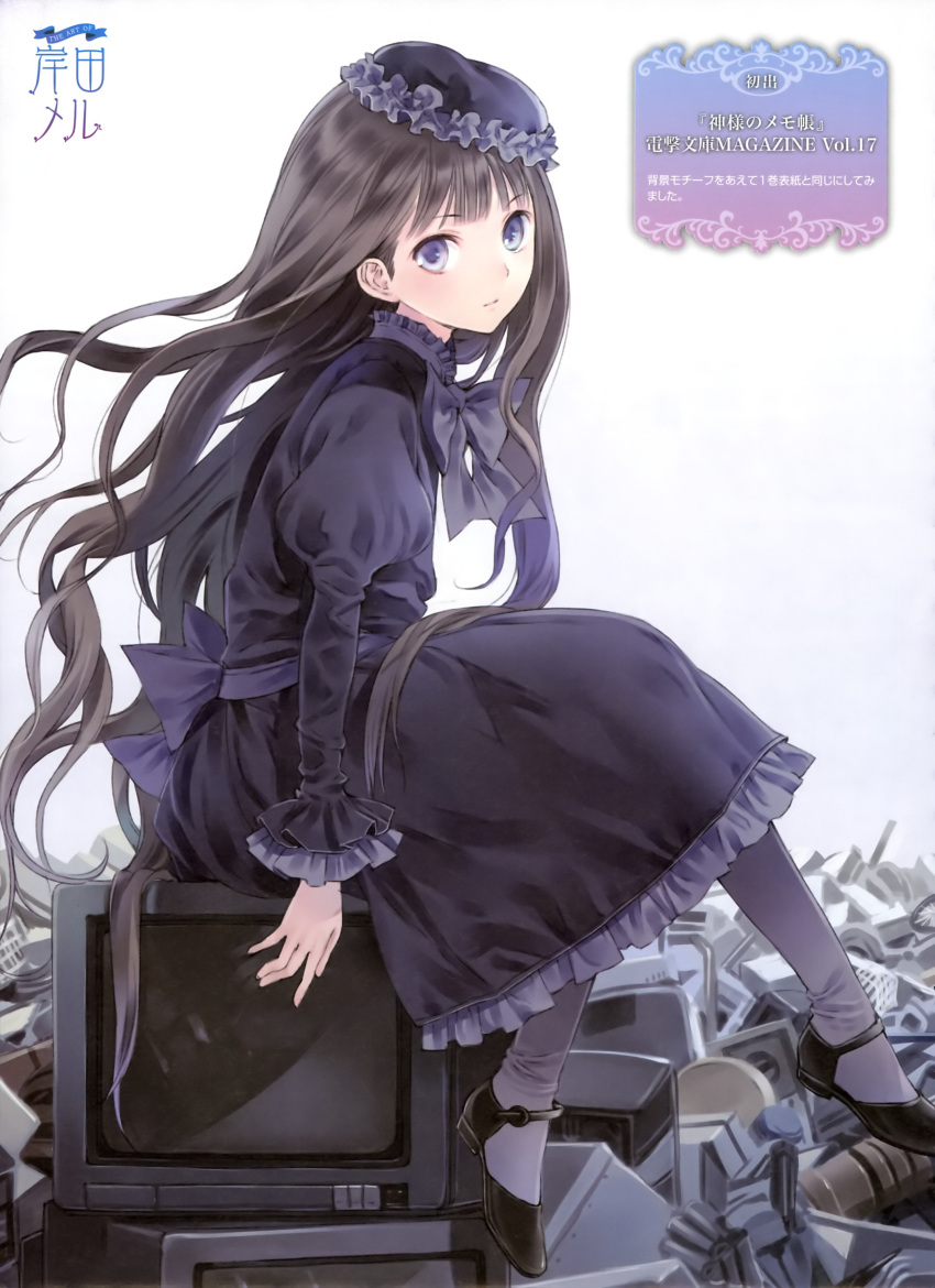 absurdres, black_hair, blue_eyes, bow, dress, frills, gothic_lolita, hat