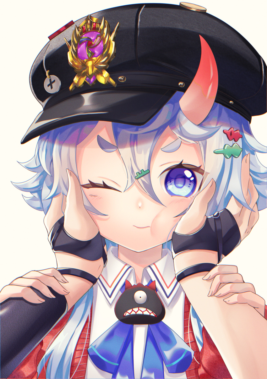 2girls, absurdres, black_hair, black_hat, blue_eyes, cardigan, closed_mouth, commentary