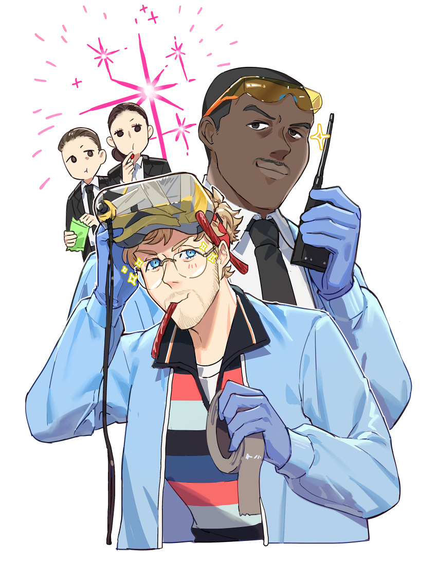 2boys, 2girls, absurdres, aooni, beard_stubble, carl_(project_hail_mary), casual, dark-skinned_male