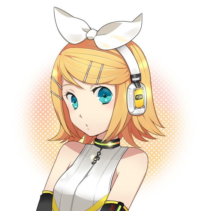 aqua_eyes, blonde_hair, face, hair_ornament, hair_ribbon, hairclip, headphones, ilris, kagamine_rin, kagamine_rin_(append), portrait, ribbon, short_hair, solo, vocaloid, vocaloid_append