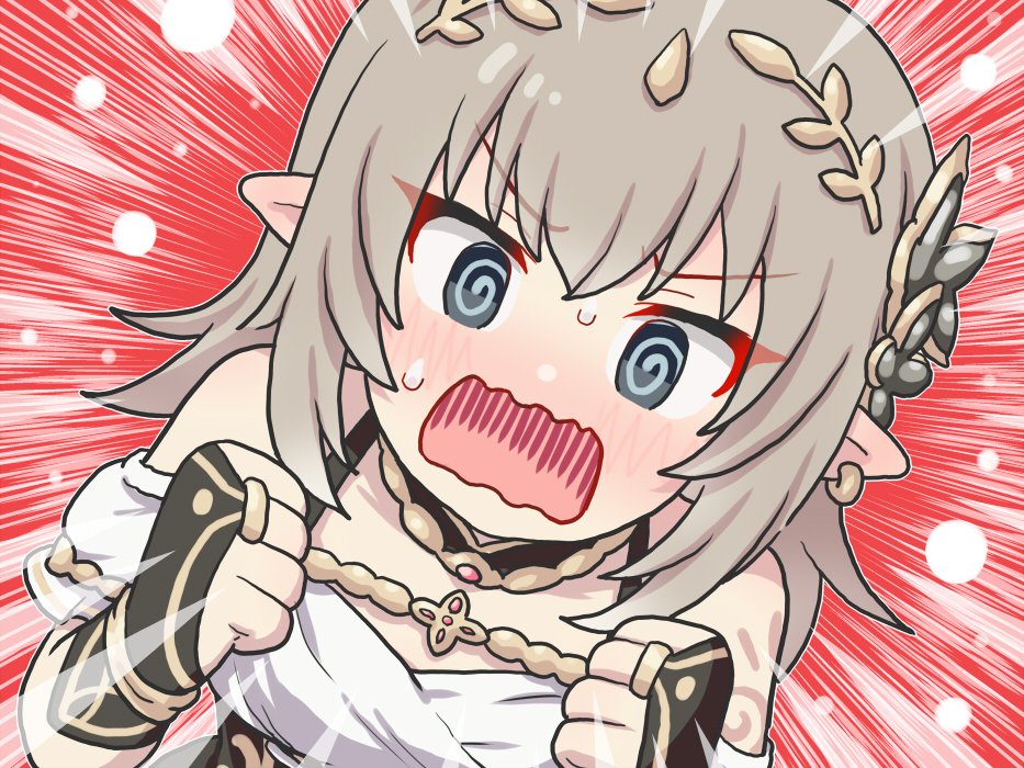 1girl, @_@, bare_shoulders, blue_eyes, blush, choker, clenched_hands, dress, earrings, girls_und_panzer, grey_hair, hair_ornament, itsumi_erika, jewelry, looking_at_viewer, niwa_so_ji, open_mouth, pointy_ears, princess_connect!, red_background, single_earring, solo, sweatdrop, white_dress, wristband
