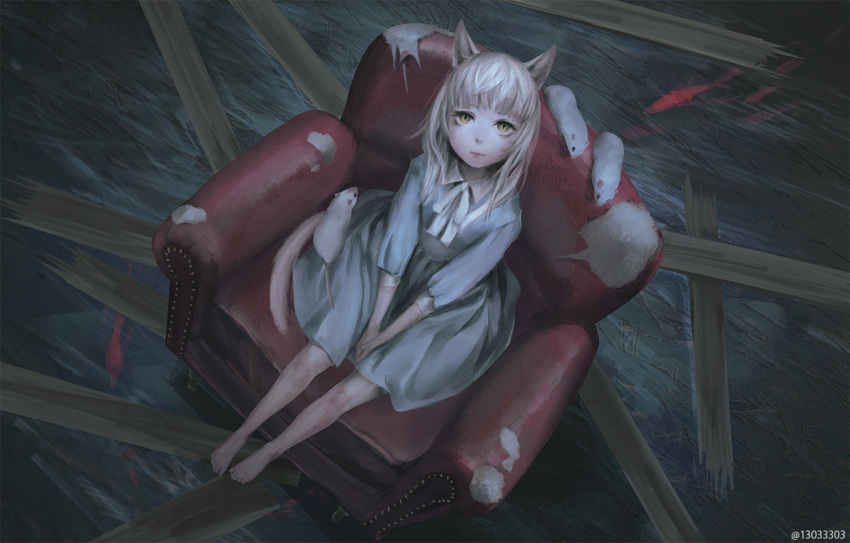 1girl, animal_ears, armchair, barefoot, blue_dress, cat_ears, cat_girl, cat_tail