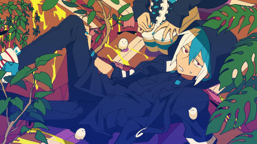 1boy, 1girl, black_jacket, black_pants, black_shirt, blue_hair, blue_nails, blue_shoes