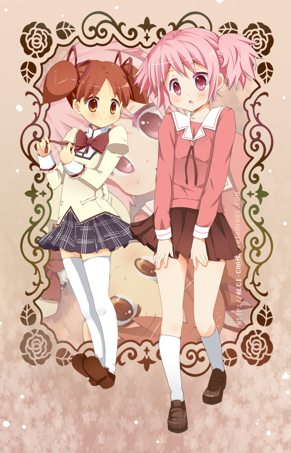 alci-chan, azumanga_daioh, azumanga_daiou, brown_eyes, brown_hair, child, cosplay, costume_switch, crossover, kaname_madoka, kaname_madoka_(cosplay), mahou_shoujo_madoka_magica, mihama_chiyo, mihama_chiyo_(cosplay), multiple_girls, pink_eyes, pink_hair, school_uniform, short_twintails, thighhighs, twintails