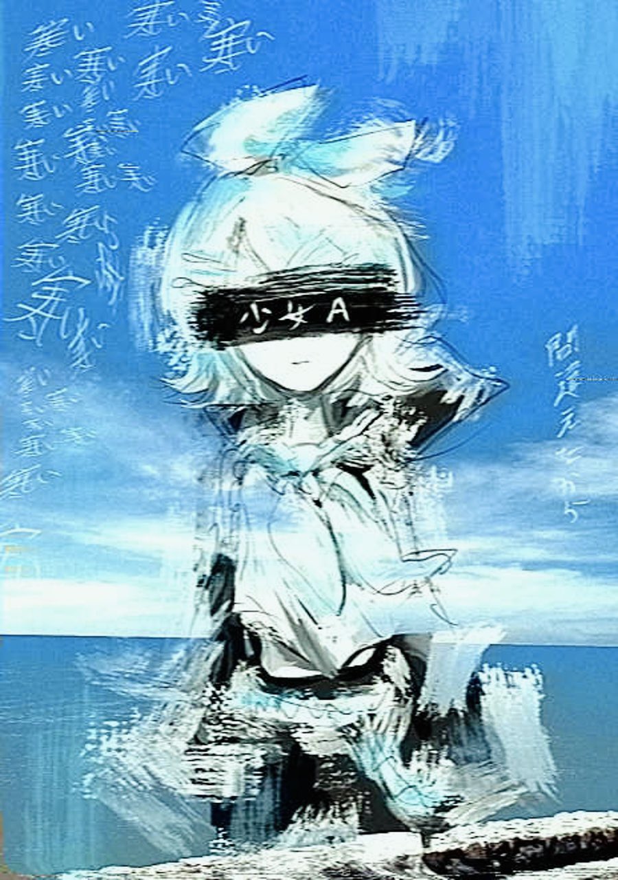 1girl, arm_at_side, bare_shoulders, black_sailor_collar, bow, cellphone, clouds, detached_sleeves, expressionless, facing_viewer, hair_bow, hair_ornament, hairclip, highres, horizon, kagamine_rin, neckerchief, ocean, outdoors, parallel_hairclips, phone, sailor_collar, sali_(salitawanaka_21), shirt, short_hair, shoujo_a_(vocaloid), sky, sleeveless, sleeveless_shirt, smartphone, vocaloid