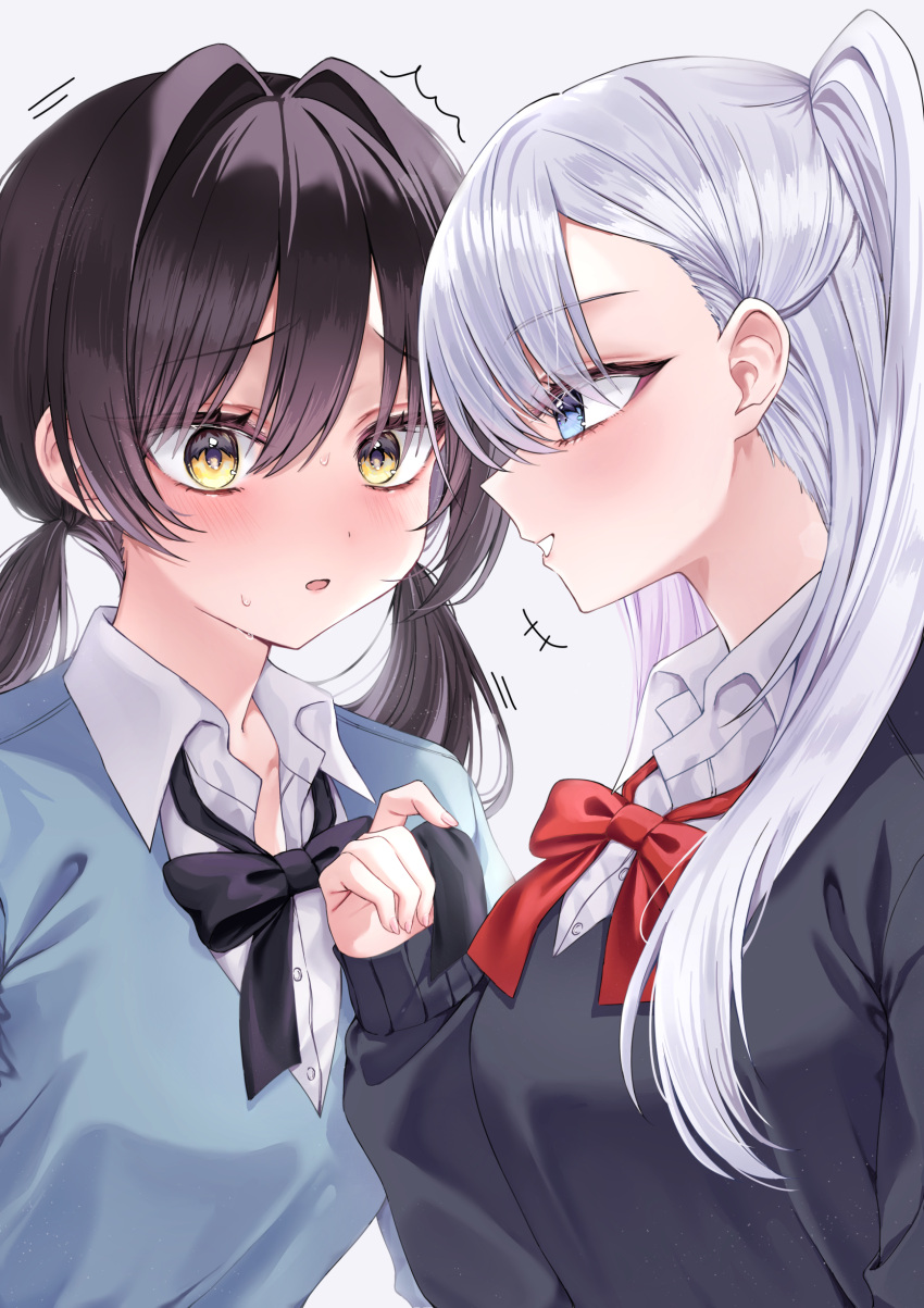 2girls, absurdres, black_hair, blue_eyes, blue_sweater, blush, bow, bowtie