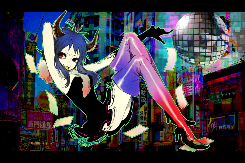 blue_hair, boots, gumi, high_heels, horns, letterboxed, red_eyes, shoes, short_dress, short_hair, solo, thigh-highs, thigh_boots, thighhighs, tongue, vocaloid, weda_(artist), yokoyari_mengo, zettai_ryouiki