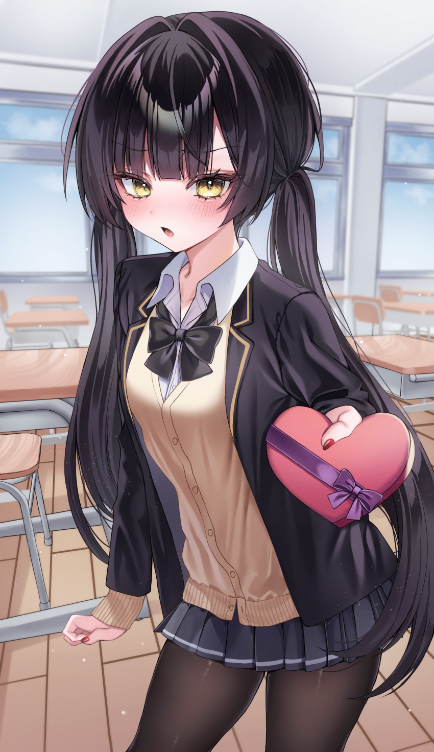 1girl, absurdres, black_bow, black_bowtie, black_hair, black_jacket, black_pantyhose, black_skirt