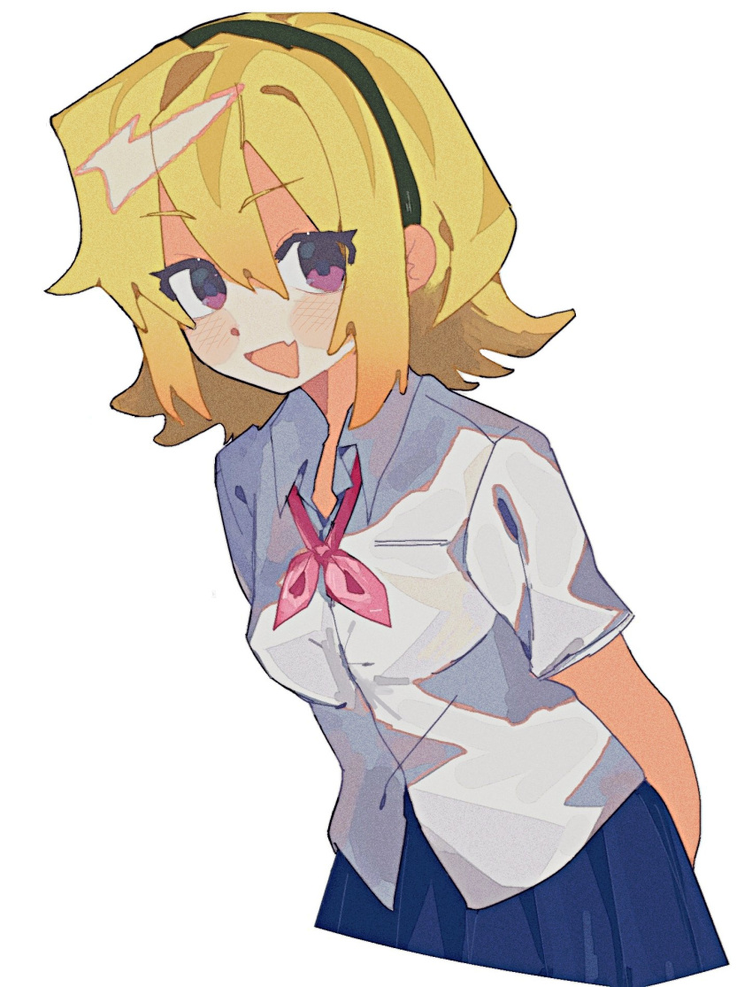 1girl, arms_behind_back, black_hairband, blonde_hair, blue_skirt, blush, bow, cropped_legs