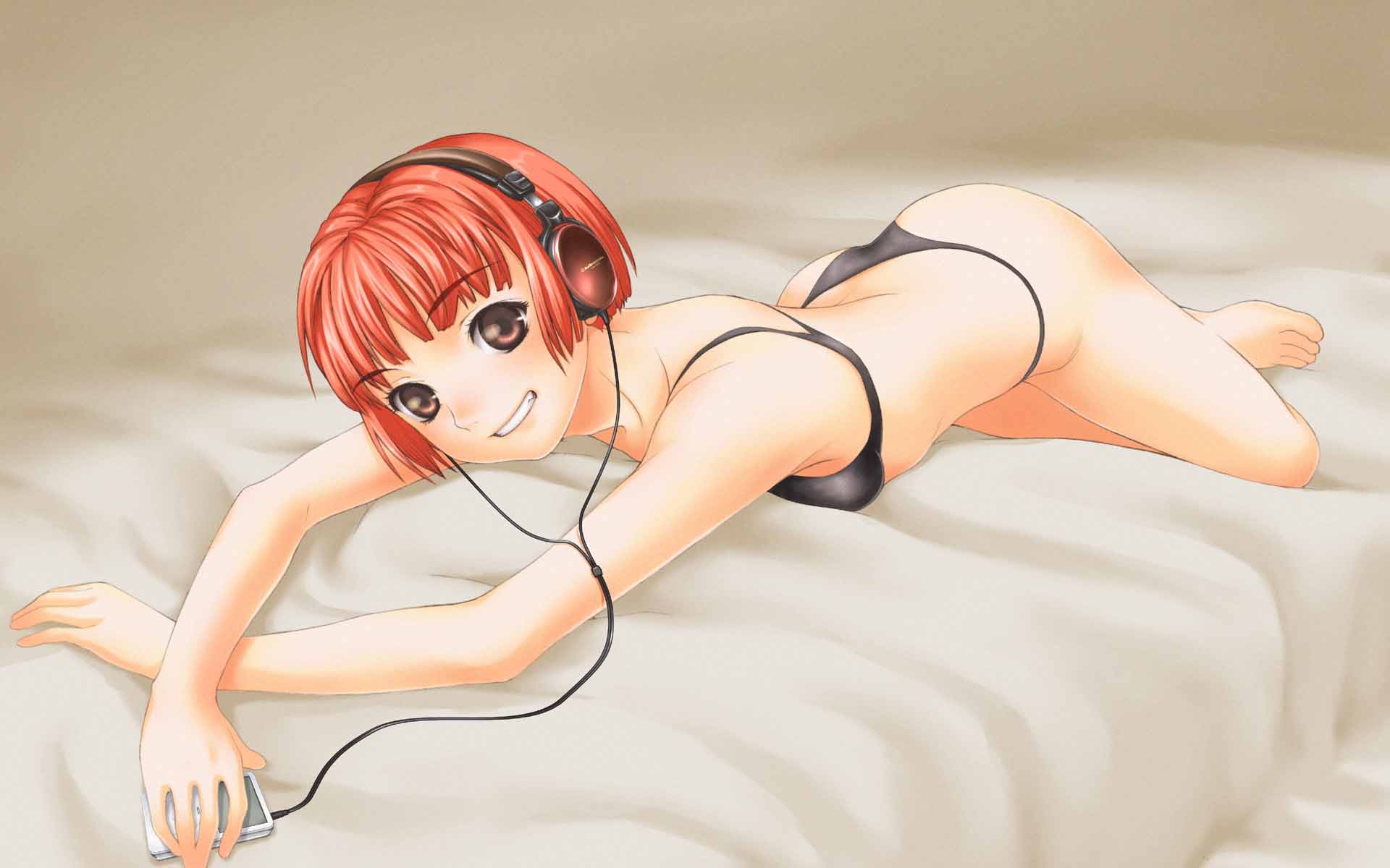 bob_cut, brown_eyes, digital_media_player, grin, headphones, highres, lingerie, lying, on_stomach, original, red_hair, redhead, short_hair, smile, solo, soshina_nohito, underwear