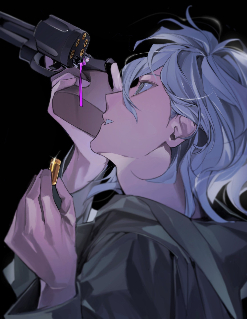1boy, blood, danganronpa_(series), danganronpa_2:_goodbye_despair, green_jacket, gun, highres, hood