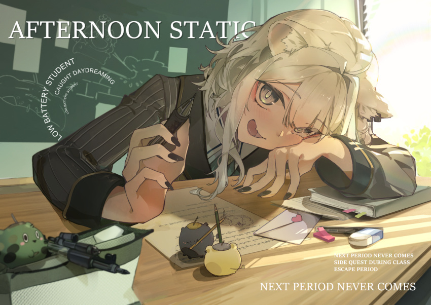 1girl, ahoge, animal_ears, arm_rest, ascot, black_jacket, black_nails, book