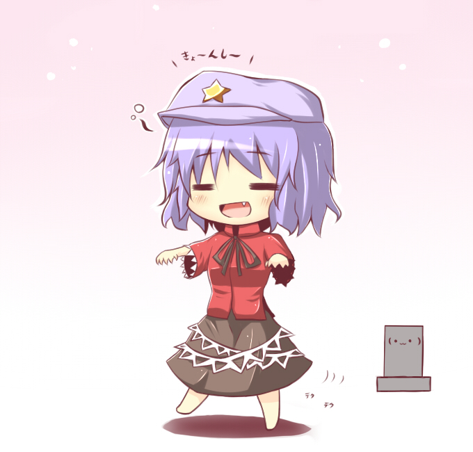 :3, beret, blue_hair, blush, chibi, closed_eyes, eyes_closed, fang, gaius_(nikoniko2), grave, hat, jiangshi, miyako_yoshika, ofuda, open_mouth, outstretched_arms, shirt, skirt, smile, solo, touhou, translated, translation_request, walking, zombie_pose