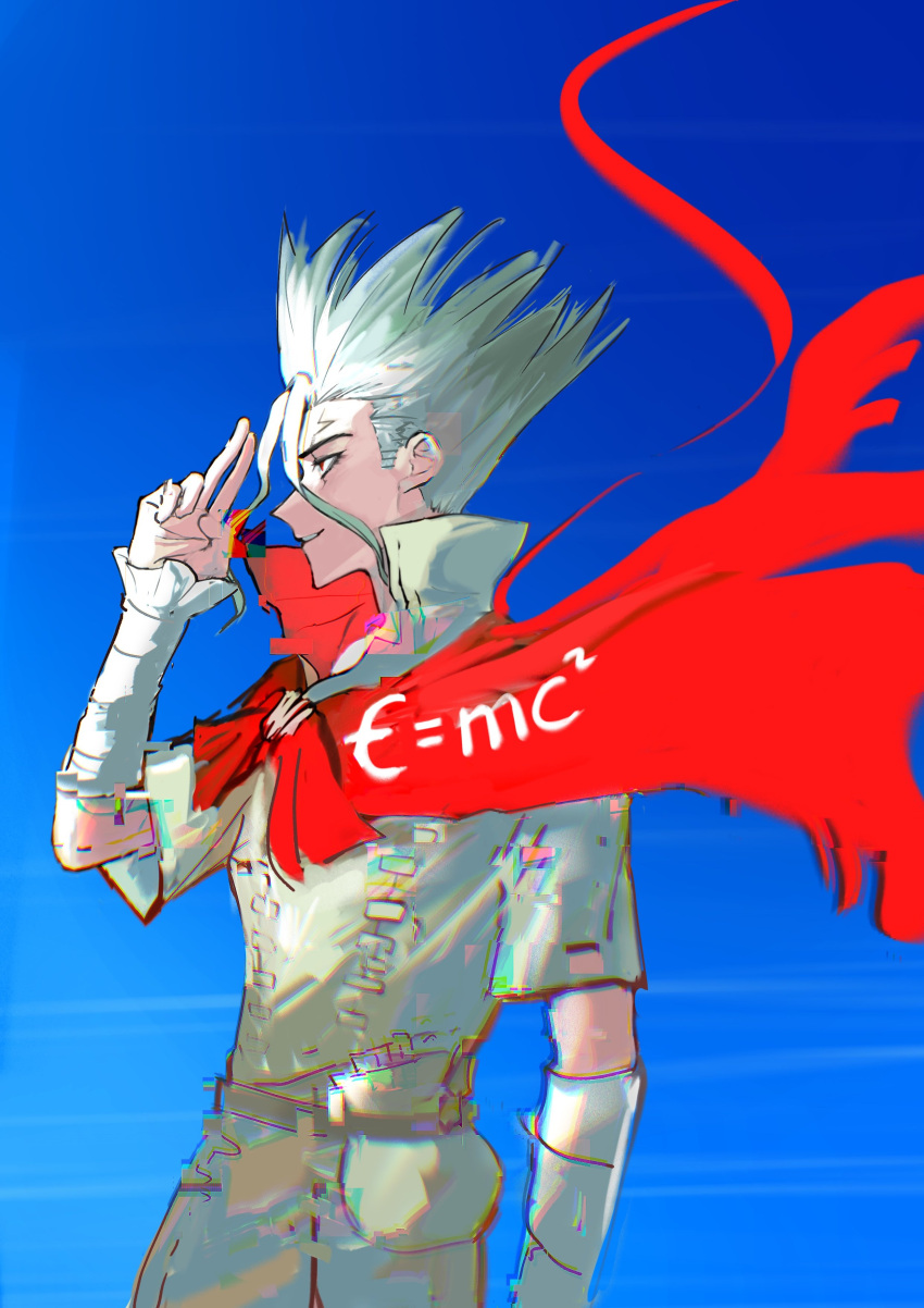 1boy, absurdres, bandaged_arm, bandages, cracked_skin, dr._stone, e=mc2_(equation), equation