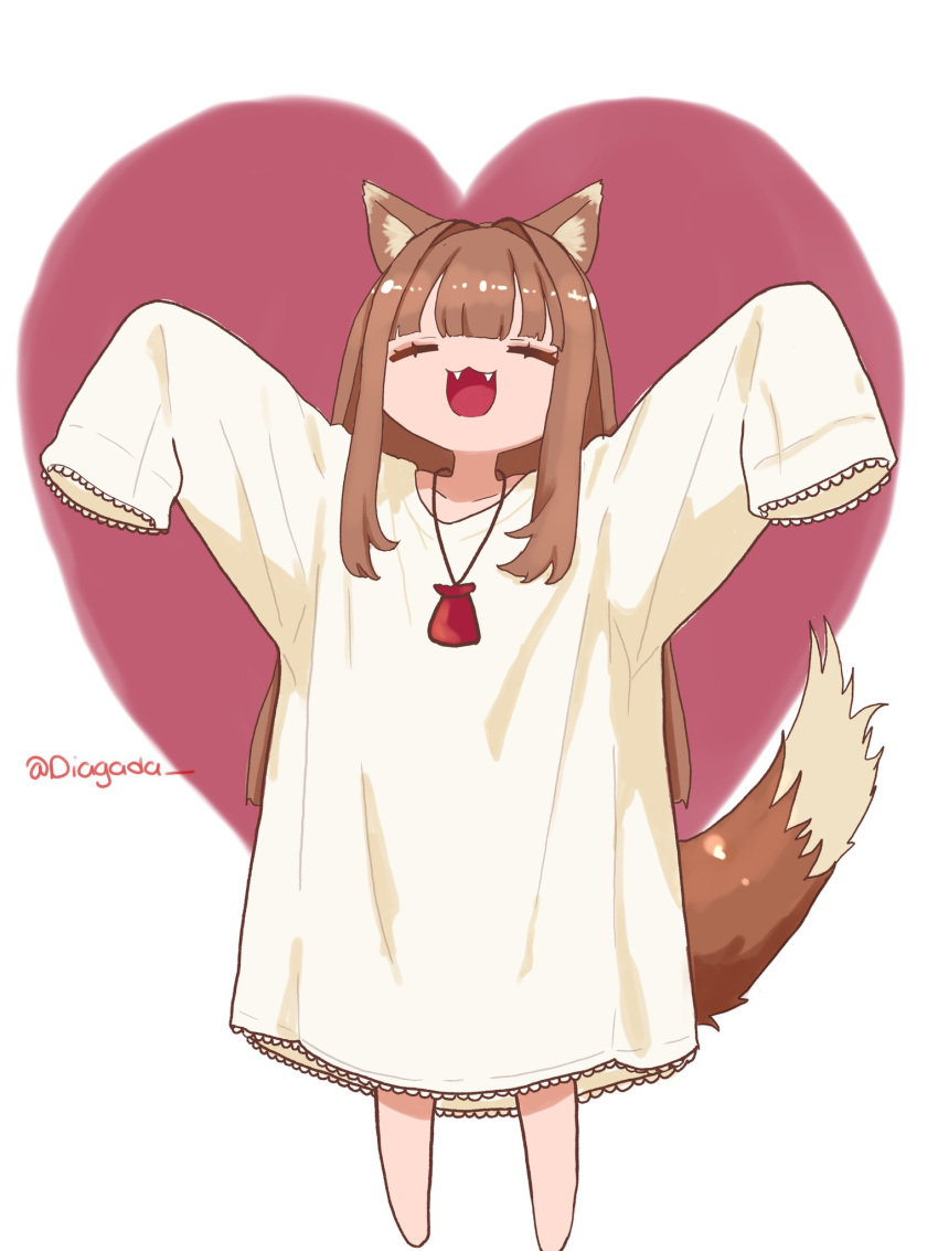 1girl, animal_ear_fluff, animal_ears, brown_hair, brown_tail, commentary, diagada, english_commentary, fangs, frills, happy, heart, heart_background, highres, holo, long_hair, neck_pouch, nightgown, no_feet, open_mouth, oversized_clothes, simple_background, smile, solo, spice_and_wolf, tail, twitter_username, white_nightgown, wolf_ears, wolf_girl, wolf_tail