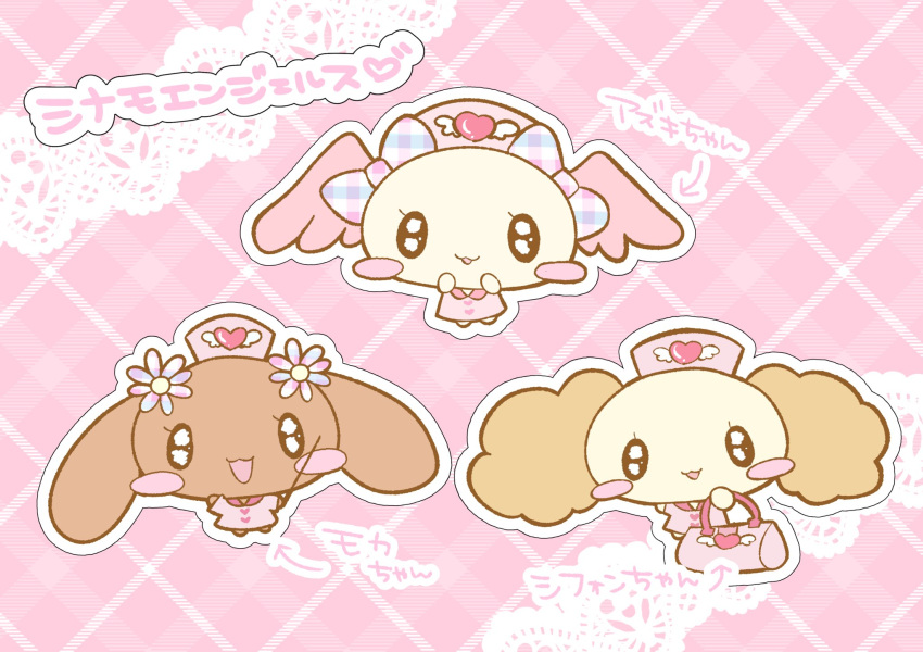 3girls, :d, animal_ears, azuki_(cinnamoroll), babumi_roriko, bag, blush_stickers, bow