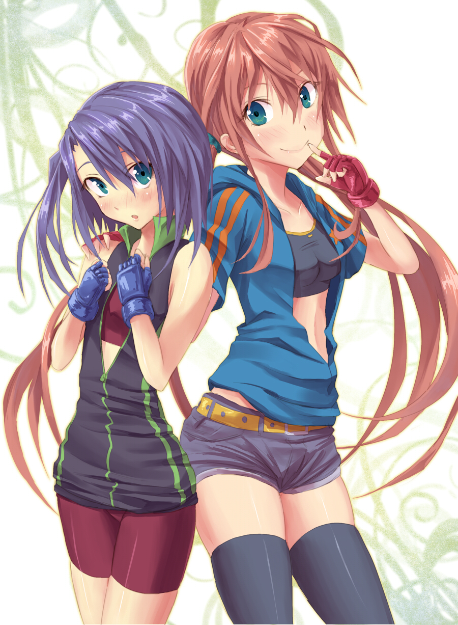 bike_shorts, blue_hair, fingerless_gloves, gloves, highres, kaeru314, long_hair, momoko_(kaeru314)