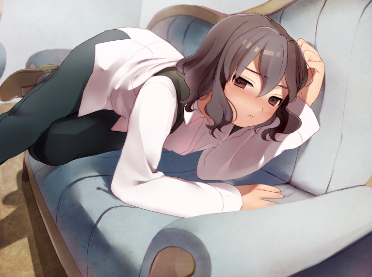 blush, brown_eyes, brown_hair, couch, inazuma_eleven, inazuma_eleven_(series), inazuma_eleven_go, lying, minari_(crossing), shindou_takuto, short_hair, solo