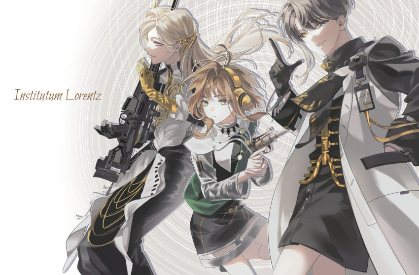 1boy, 2girls, black_coat, black_dress, black_gloves, black_sclera, black_shorts, blue_eyes
