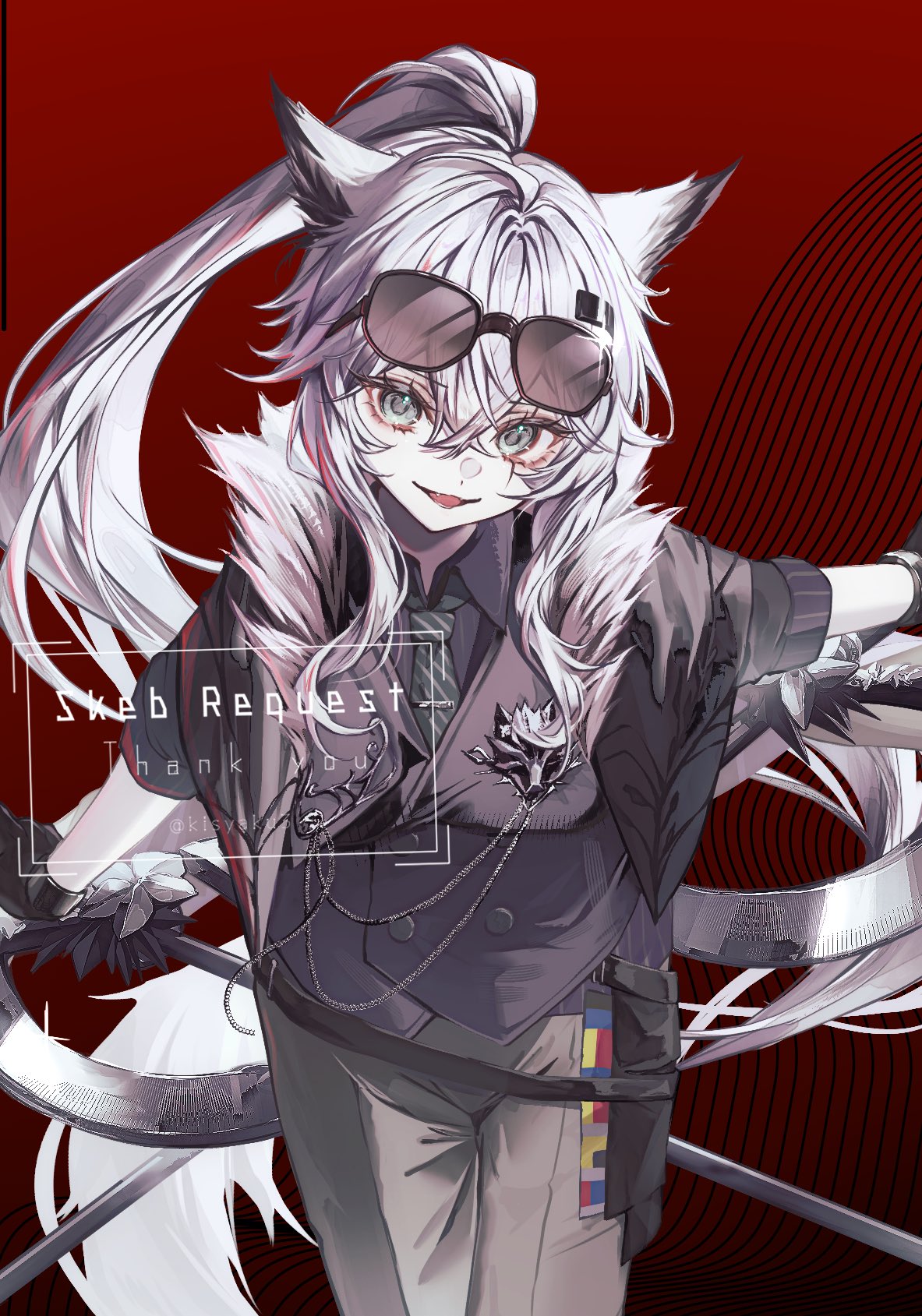 1girl, animal_ears, arknights, commission, grey_eyes, grey_hair, highres, kisyaku3