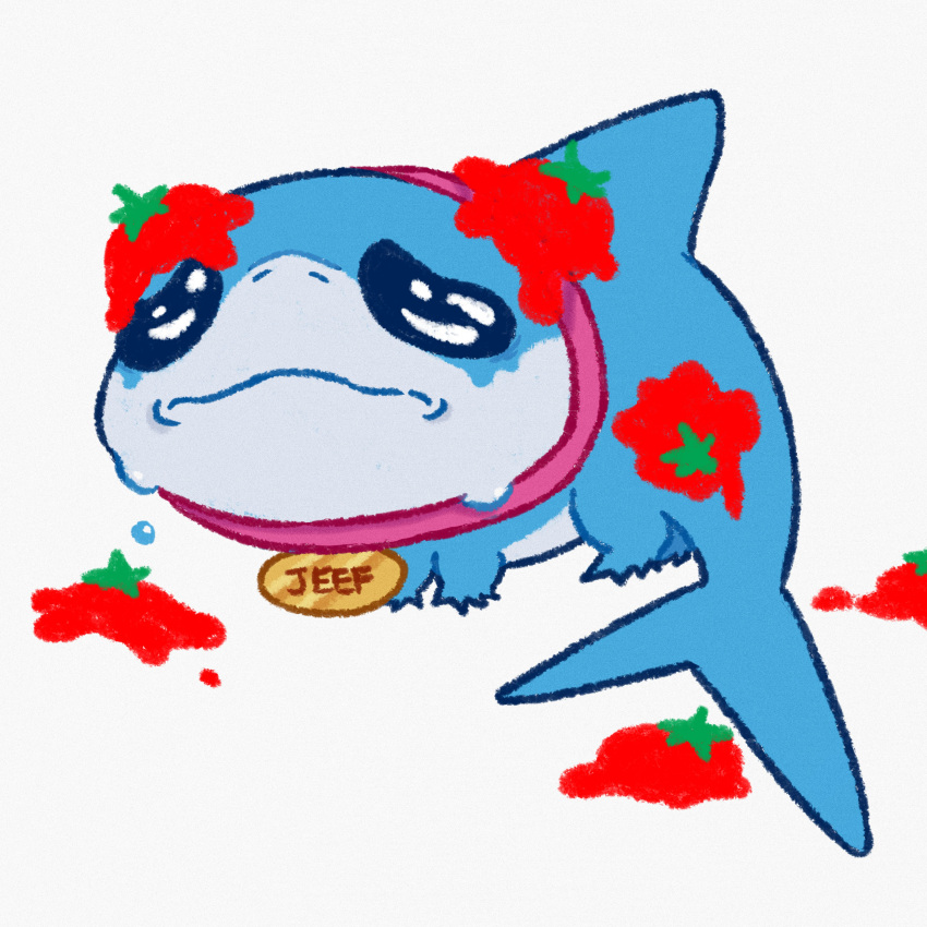 absurdres, collar, crying, derivative_work, english_commentary, fins, fish_tail, highres, jeff_the_land_shark, looking_at_viewer, marvel, marvel_rivals, riceandhotdogs, sad, shark, shark_fin, shark_tail, tail, tomato, white_background