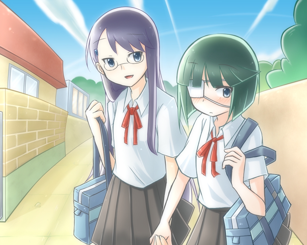 bag, blue_eyes, blush, bob_cut, book_bag, bookbag, dark_precure, eyepatch