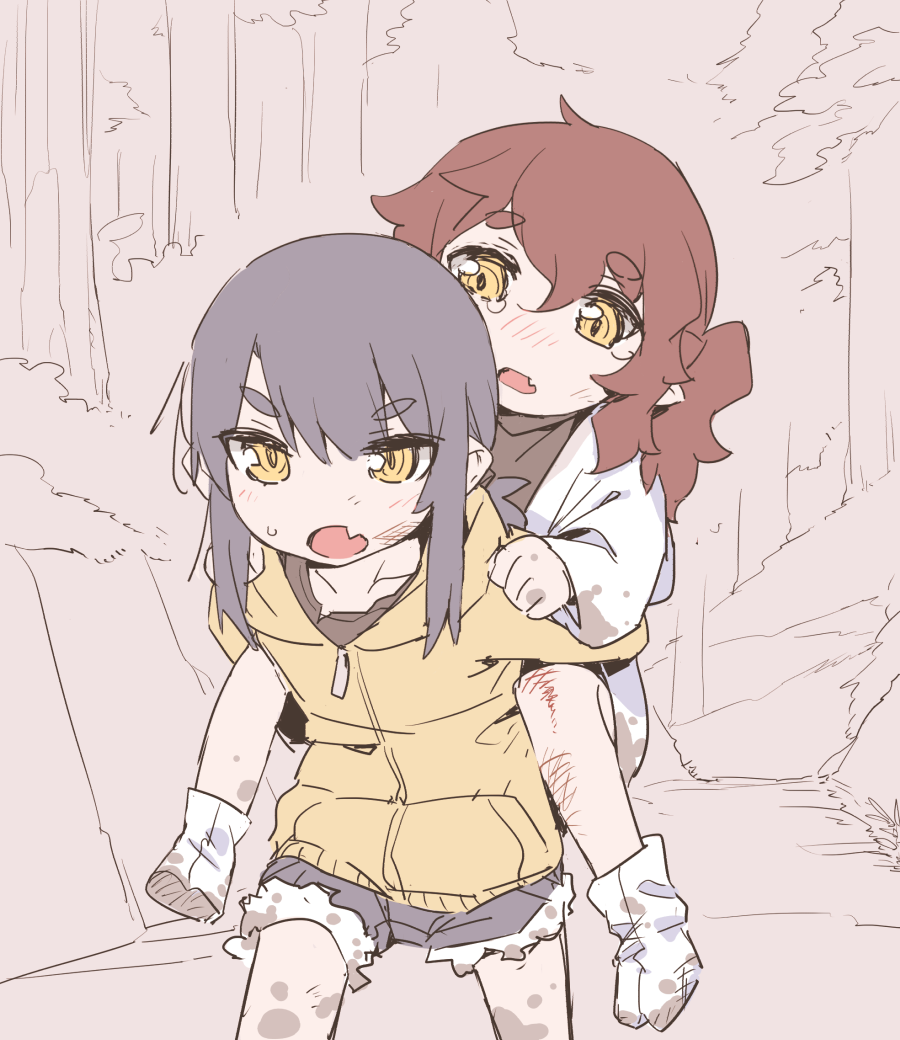 2girls, akari_(raigou), black_hair, brown_hair, carrying, children's_day, commentary_request, dirty, dirty_clothes, dirty_leg, elf, fang, jacket, multiple_girls, open_mouth, original, outdoors, piggyback, pointy_ears, ponytail, raigou, shorts, siblings, sidelocks, sisters, skin_fang, thick_eyebrows, yellow_eyes, yellow_jacket