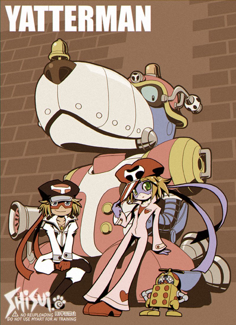 1boy, 1girl, artist_name, bell, black_hat, blonde_hair, blue_eyes, blue_mask