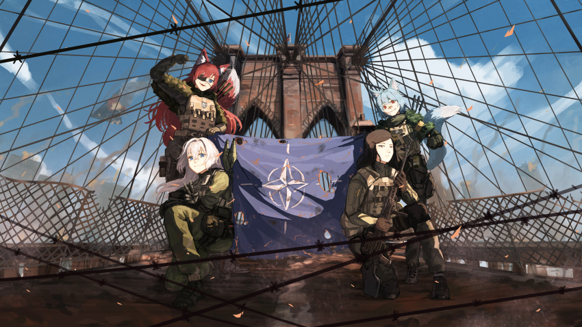 1010kman, 4girls, absurdres, american_flag, animal_ears, blue_sky, bridge, bulletproof_vest, cable-stayed_bridge, clouds, cloudy_sky, flag, fox_ears, fox_tail, highres, holding, holding_flag, load_bearing_vest, military, military_combat_uniform, military_uniform, multiple_girls, nato_logo, original, scenery, sky, tail, weapon_request
