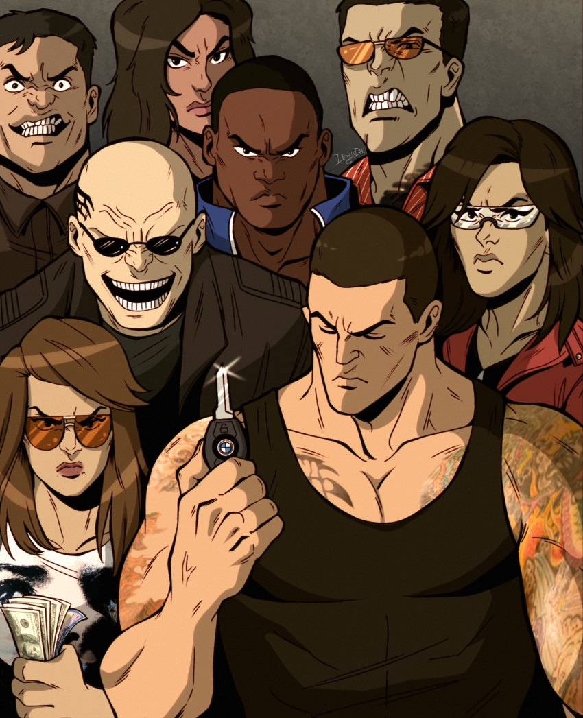 3girls, 5boys, absurdres, arm_tattoo, black_eyes, black_hair, blue_jacket, brown_hair, car_keys, clenched_teeth, closed_eyes, collarbone, commission, dem0ndai, earl_(nfs:_most_wanted), english_commentary, frown, highres, holding, holding_key, holding_money, izzy_(nfs:_most_wanted), jacket, jewels_(nfs:_most_wanted), kaze_(nfs:_most_wanted), key, looking_at_viewer, meme, money, more_muscular_than_canon, multiple_boys, multiple_girls, muscular, muscular_male, need_for_speed, need_for_speed:_most_wanted_(2005), razor_(nfs:_most_wanted), rogues'_gallery, smile, snake_head_tail, sonny_(nfs:_most_wanted), sunglasses, tail, tattoo, taz_(nfs:_most_wanted), teeth, viltrumite_group_shot_(meme), webster_(nfs:_most_wanted)
