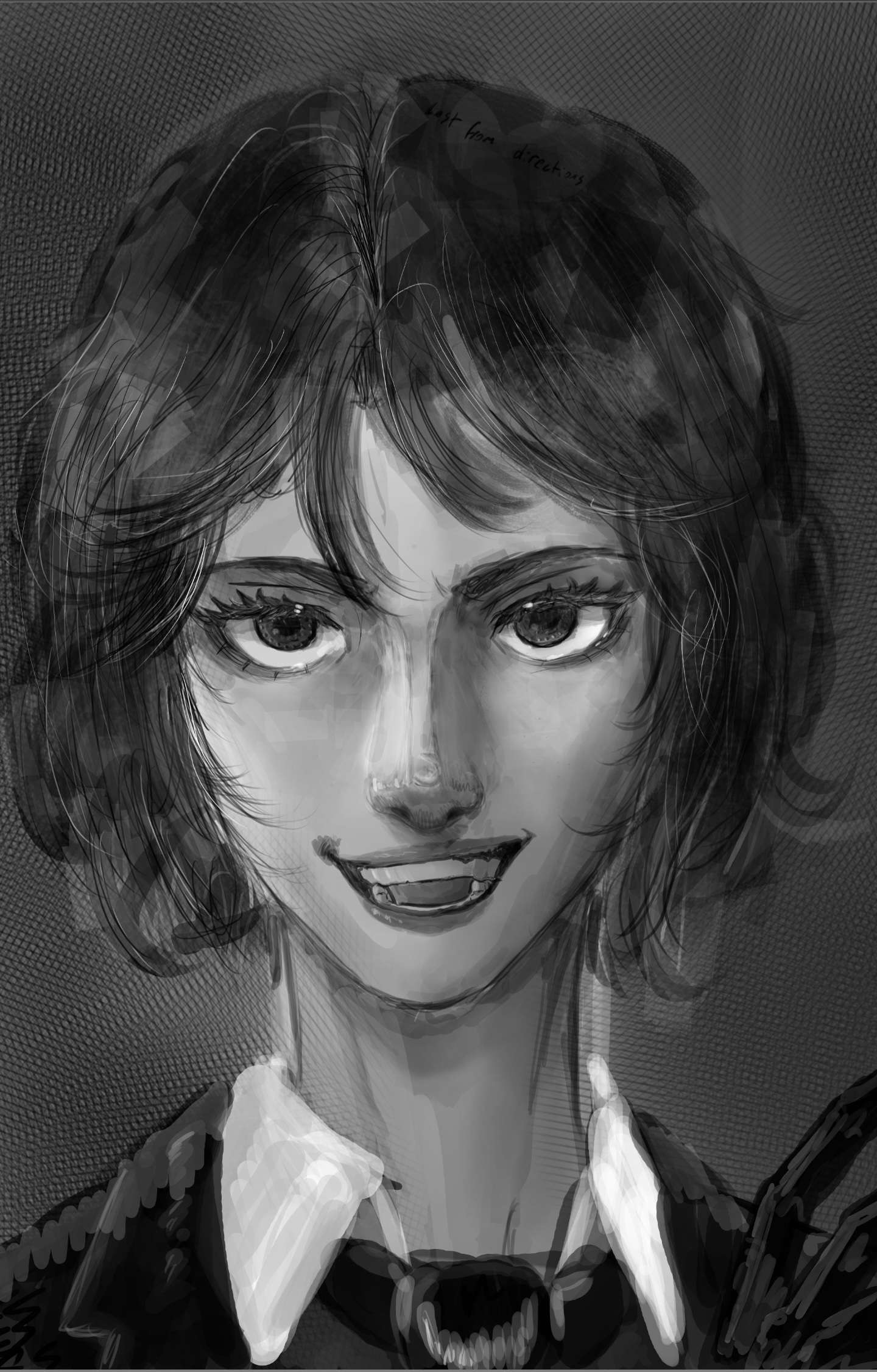 1girl, aiko_(shadow_slave), bob_cut, collared_shirt, commentary, english_commentary, eyelashes, gloves
