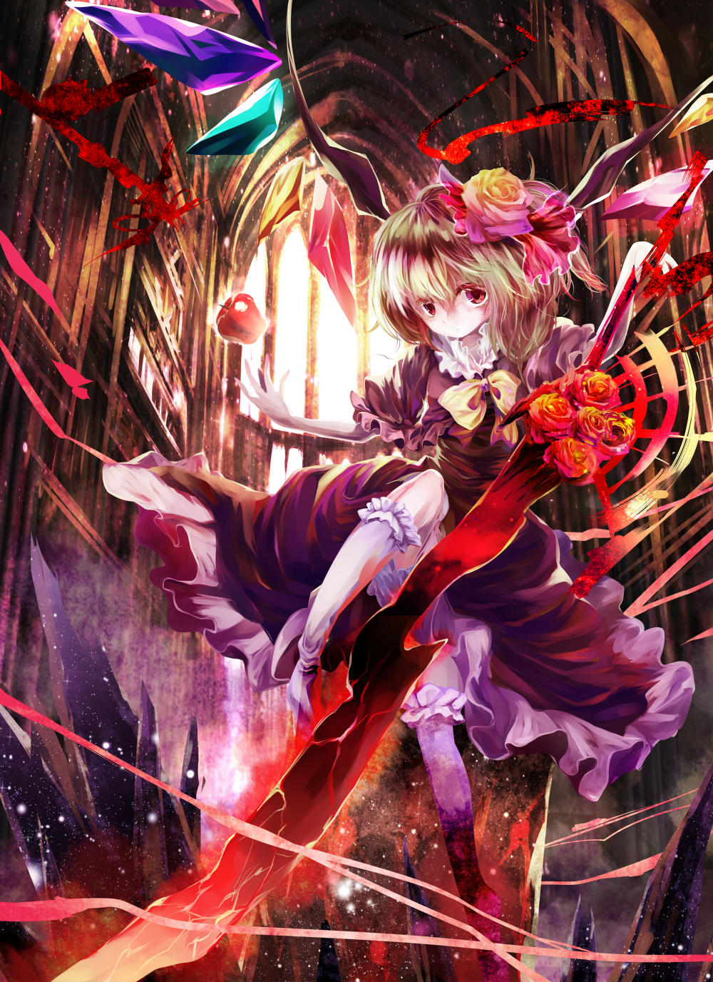 afraco, apple, blonde_hair, bobby_socks, bow, flandre_scarlet, flower, food