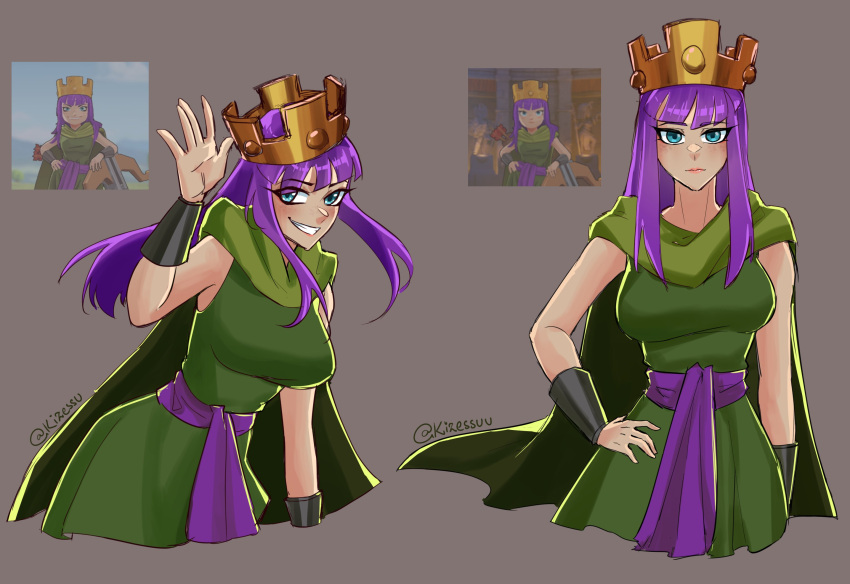 1girl, archer_queen_(clash_of_clans), blue_eyes, cape, clash_of_clans, clash_royale, commentary, crown