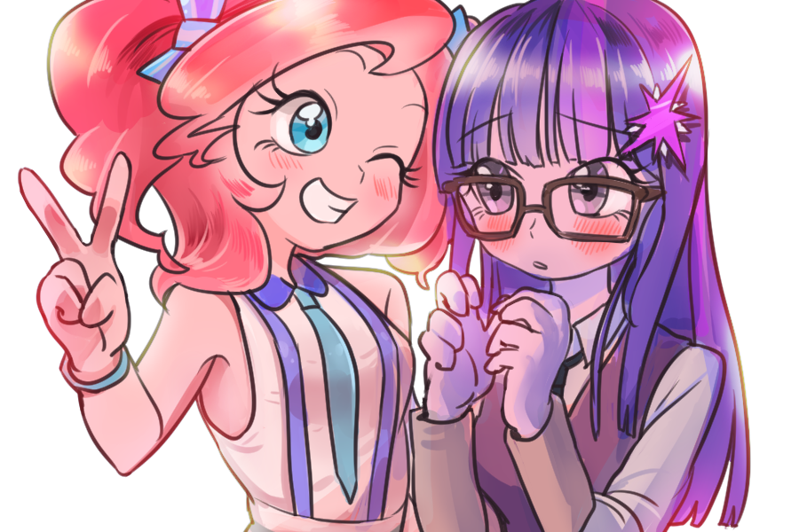 2girls, :d, :o, ;d, backlighting, bad_anatomy, bad_hands, bare_arms, bare_shoulders, black_necktie, bloom, blue_bow, blue_eyes, blue_necktie, blunt_bangs, blunt_ends, blush, bow, bracelet, breasts, collared_shirt, colored_skin, commentary, contrast_collar, contrast_suspenders, crystal_prep_academy_school_uniform, curly_hair, curtained_hair, cutie_mark, equestria_girls:_forgotten_friendship, eye_contact, face-to-face, grin, hair_bow, hair_ornament, hand_up, hands_up, jewelry, long_hair, looking_at_another, medium_breasts, medium_hair, multicolored_hair, multiple_girls, my_little_pony, my_little_pony:_equestria_girls, my_little_pony:_friendship_is_magic, necktie, nervous, one_eye_closed, parted_lips, pink_hair, pink_skin, pink_streaks, pinkie_pie, pinkie_pie_(equestria_girls), purple_hair, purple_skin, purple_sweater_vest, quizia, raised_eyebrows, raised_inner_eyebrows, school_uniform, sci-twi, shirt, side-by-side, simple_background, sleeve_cuffs, sleeveless, sleeveless_shirt, small_breasts, smile, star_(symbol), star_hair_ornament, straight_hair, streaked_hair, suspenders, sweater_vest, tareme, twilight_sparkle, twintails, two-tone_hair, upper_body, v, violet_eyes, white_background, white_shirt