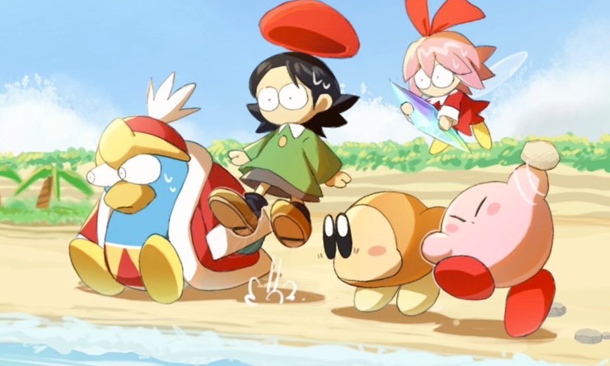 2girls, 3boys, adeleine, ado_(kirby), beach, bulging_eyes, crystal_shards, fairy