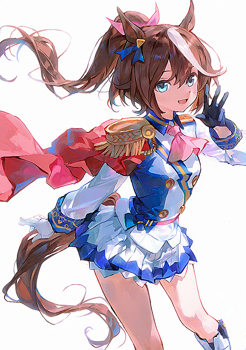1girl, animal_ears, ascot, asymmetrical_gloves, blue_eyes, blue_gloves, blush, boots
