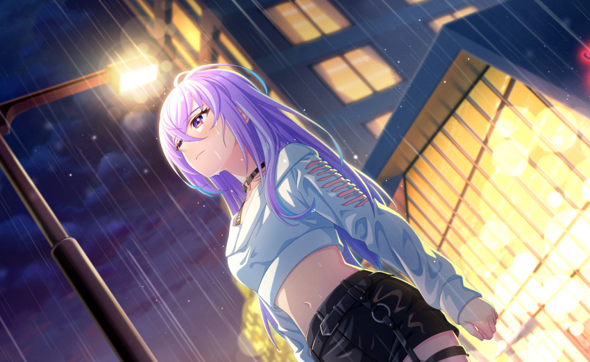 1girl, belt, black_belt, black_border, black_choker, black_shorts, blurry, border