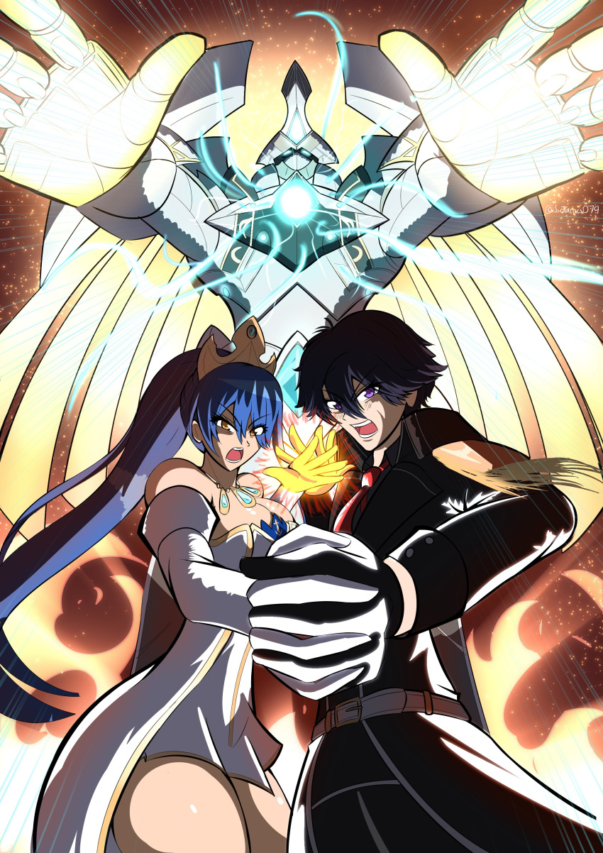 1boy, 1girl, absurdres, bare_shoulders, black_coat, black_gloves, black_hair, blue_hair