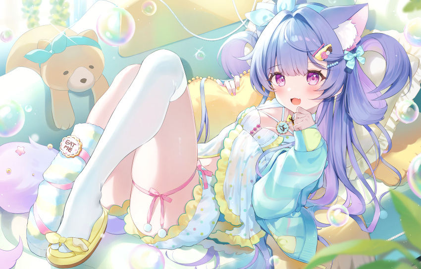 1girl, absurdres, animal_ears, asymmetrical_legwear, bubble, bunnyjiry_(jirynyang), cat_ears, cat_girl