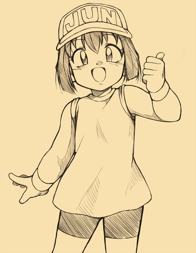 bakusou_kyoudai_let's_&amp;_go!!, bakusou_kyoudai_let's_&amp;_go!!, baseball_cap, bike_shorts, child, hat, monochrome, open_mouth