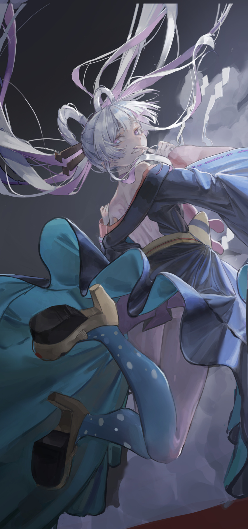 1girl, absurdres, blue_kimono, cho_kaguya-hime!, colored_extremities, colored_inner_hair, commentary, hair_ornament