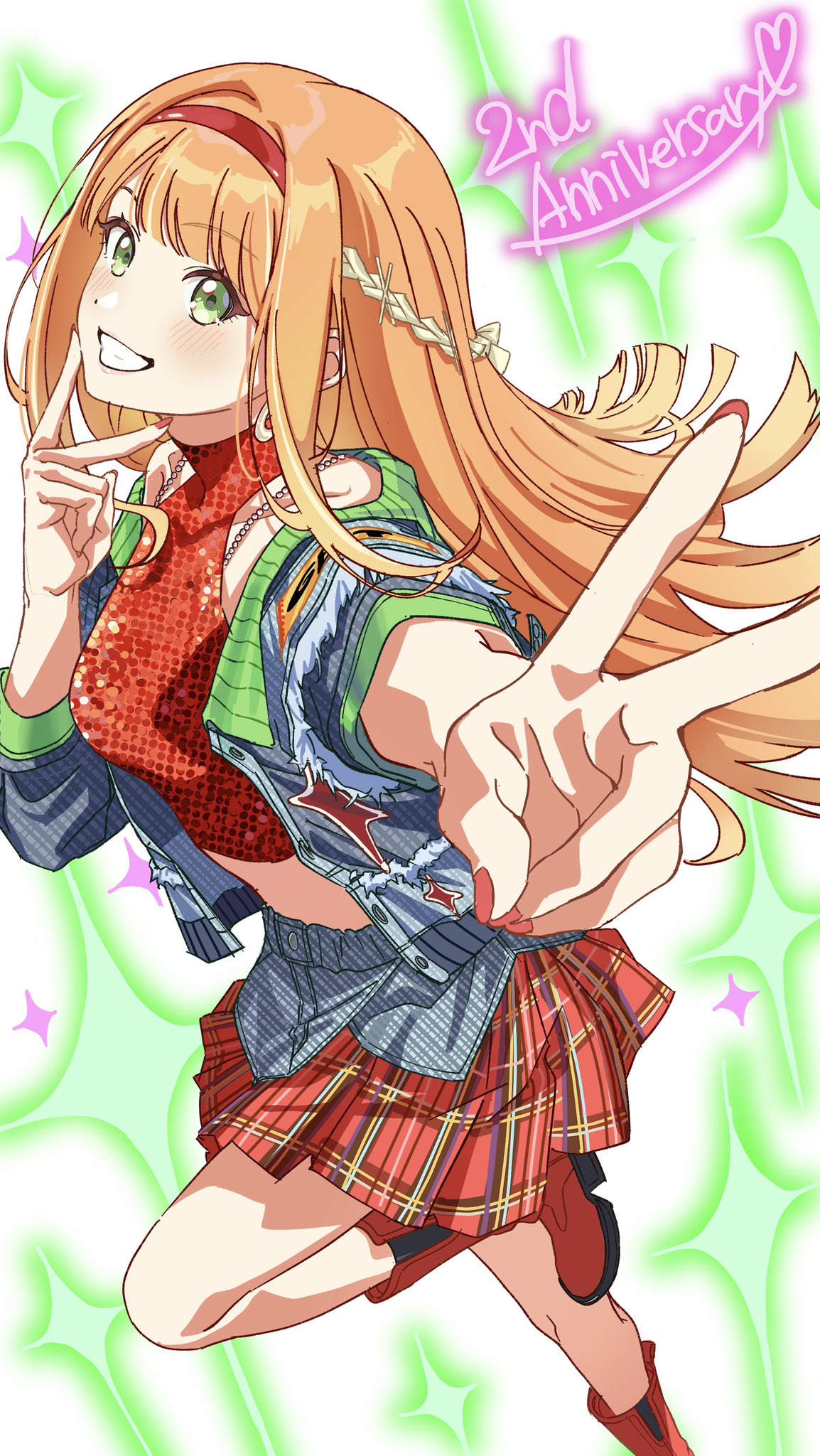1girl, anniversary, boots, crop_top, earrings, gakuen_idolmaster, green_eyes, grin