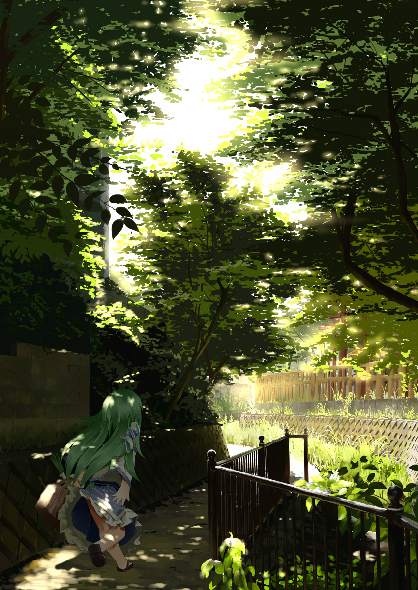 bag, detached_sleeves, fence, from_behind, green_hair, hair_tubes, highres, kochiya_sanae, koha, leaf, leak, long_hair, shadow, skirt, snake, solo, spring_onion, touhou, tree, wall