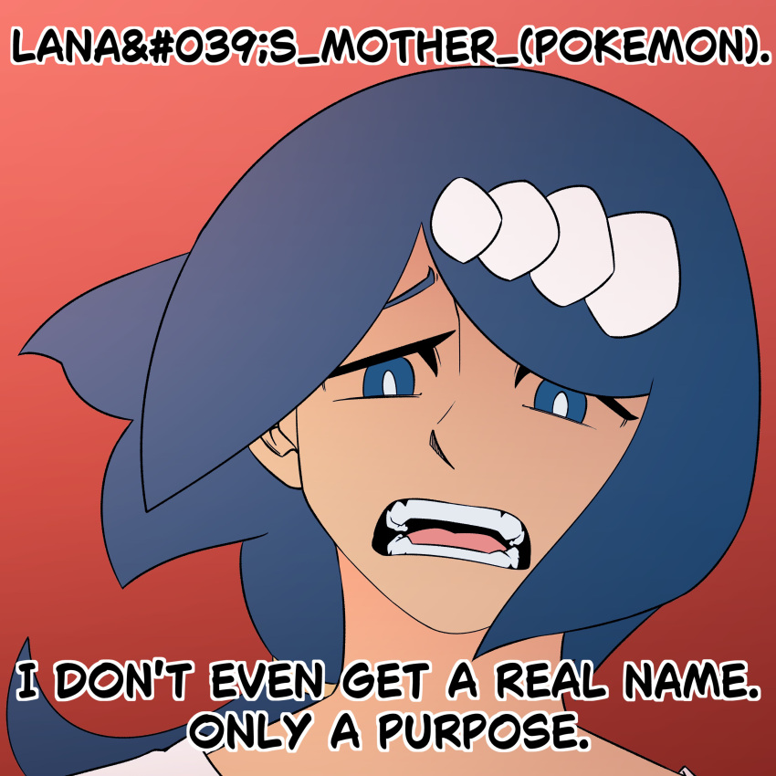 1girl, absurdres, blue_eyes, blue_hair, bright_pupils, co_brook_co, english_text, gradient_background, hair_ornament, highres, invincible_(series), lana's_mother_(pokemon), long_hair, looking_at_viewer, mature_female, meme, no_sclera, open_mouth, pokemon, pokemon_(anime), pokemon_sun_and_moon, pokemon_the_series:_sun_&amp;_moon, ponytail, red_background, rule34.xxx, scene_reference, sidelocks, solo, tag_(concept), truth, white_pupils