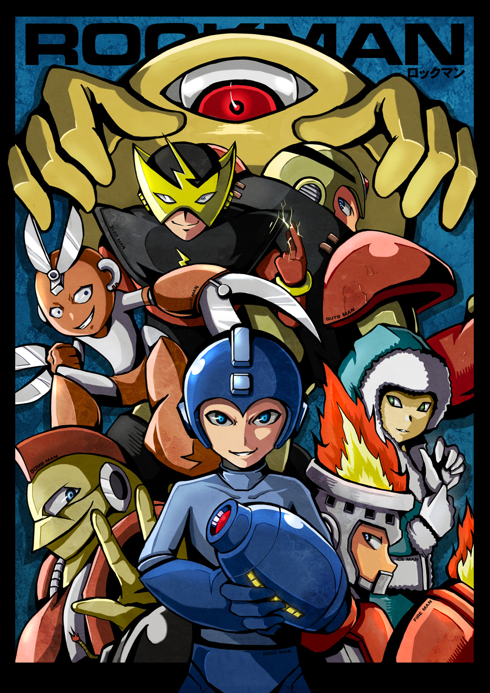 6+boys, arm_cannon, blue_eyes, bombman, cutman, elecman, electricity, everyone